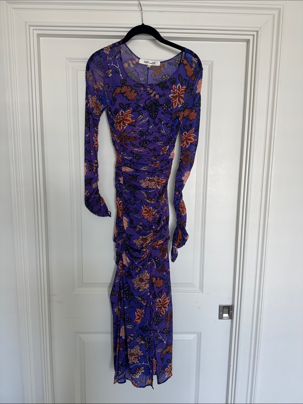Diane Von Furstenberg Purple Floral Long-Sleeve Ruched Maxi Dress